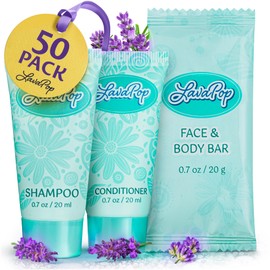 LavaPop - Travel Size Hotel Toiletries Bundle - Iris, Violet & Amber, 0.7 oz each, 200 Pcs - 4-Piece Set: 50 Rectangular Bar Soap, 50 Shampoo, 50 Conditioner & 50 Body Lotion - Bulk Small Toiletries