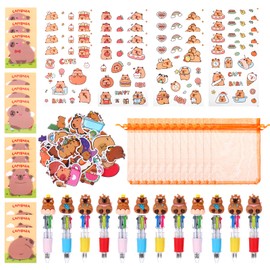 Qiimenguer 98 Pcs Capybara Stationery Party Gifts，12 Pcs 4-in-1 Capybara Ballpoint Pens、Clear Stickers、Organza Goodie Bag 、12 Sticky Note Pads and 50 Pcs Capybara Stickers Suitable for Event Prizes