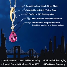 Gem Stone King Teardrop Necklace for Women | 925 Silver and 10K Yellow Gold | 9X6MM Pear Shape Gemstone Birthstone and White Lab Grown Diamond Pendant Necklace | With 18 Inch Silver Chain