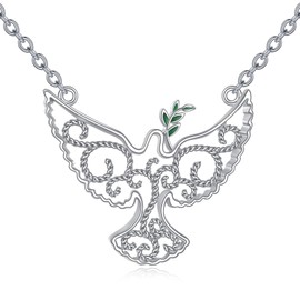 POPLYKE Dove Necklace 925 Sterling Silver Bird Necklace Olive Branch Necklace Filigree Jewelry Pigeon Pendant Necklace for Women
