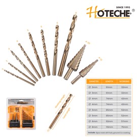 Hoteche HSS Drill Bit Set 10 Pieces - Spiral Drill and Step Drill - High Speed Steel - Precision Drilling - Storage Case - Cost-Effective