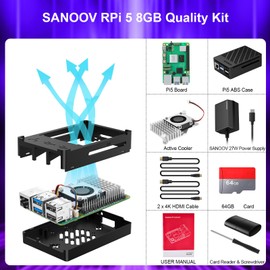 SANOOV Raspberry Pi 5 8GB Kit 64GB Card Pi 5 8GB Board Starter Kit ABS Case with Active Cooler 27W 5.1V 5A USB-C Power Supply 2 HD Out 4K Cables Card Reader & Adapter and Screwdriver User Manual