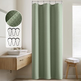 MIULEE Stall Waffle Weave Fabric Stand Up Shower Bath Curtain with 6 Metal Hooks Small Heavy Duty Washable Waterproof Narrow Thick Cloth Half Shower Curtains Set for Bathroom Hotel,W36*L72,Sage Green
