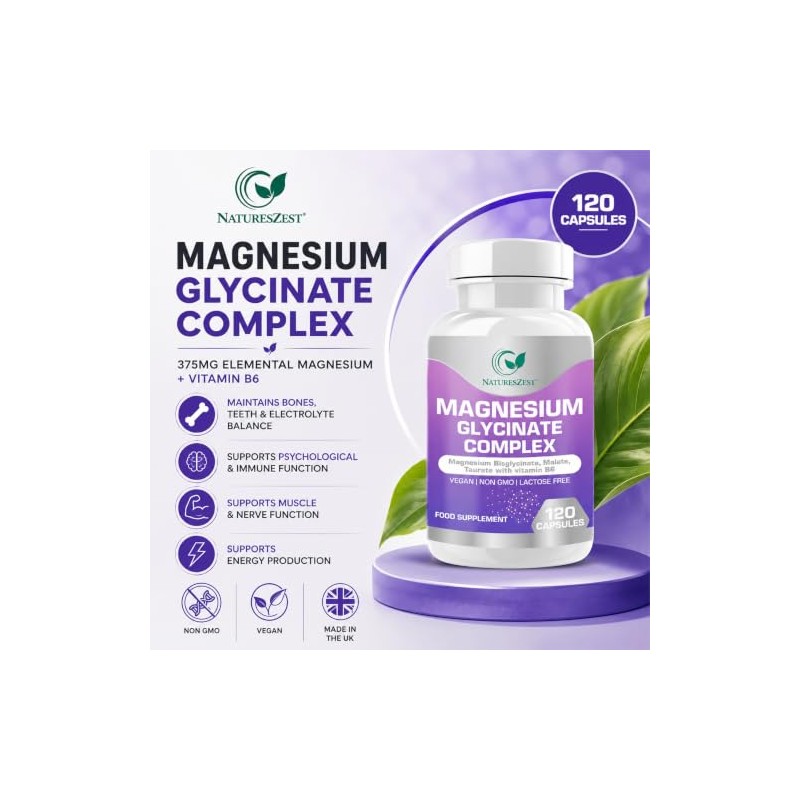 Magnesium Glycinate Complex -120 Capsules -Magnesium Glycinate Bisglycinate, Malate, Taurate