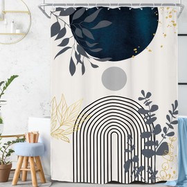 Riyidecor Extra Wide Boho Navy Blue Shower Curtain for Bathroom Decor 54Wx78H Short Plants Abstract Boho Modern Mid Century Art Printed Fabric Polyester Waterproof 12 Pack Plastic Hooks