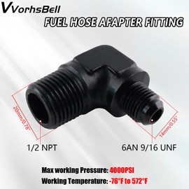 VVORHSBELL 6AN Male Flare to 1/2" NPT Male 90 Degree Fitting Adapter Aluminum Black