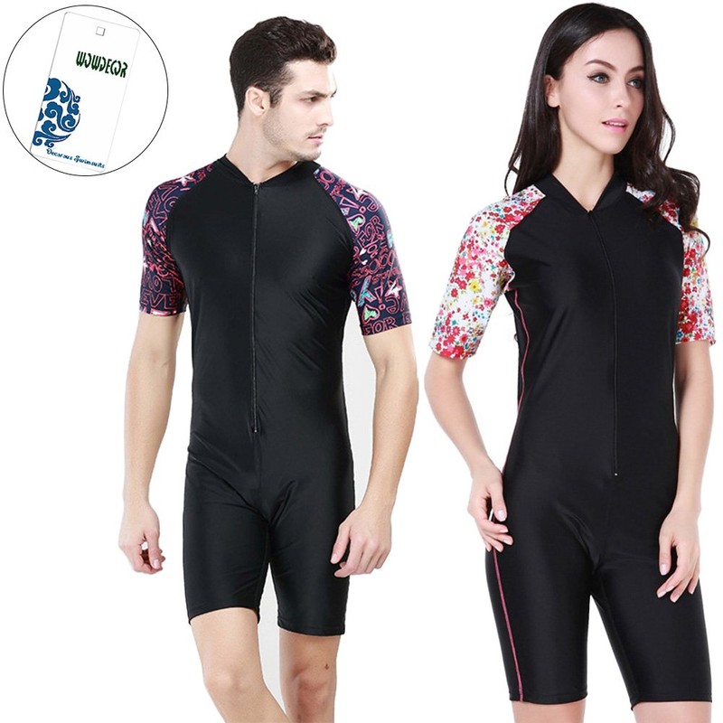 WOWDECOR Surfing Swimsuits for Women Men One Piece Short Sleeve