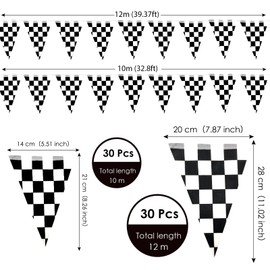 AhfuLife Checkered Flag Bunting for Racing Car Decorations, 10m - 30pcs Black and White Flags Bunting Banner Double Sided Flags for Racing Party Car Garden Street Decorations