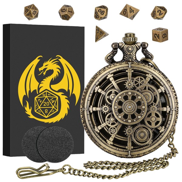 Mini DND Dice Set with Steampunk Hollow Gear Pocket Watch