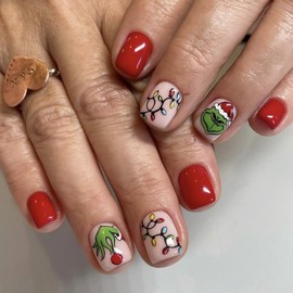 Christmas Press on Nails Short Square Grinchs Fake Nails Cartoon Green Hair Monster Acrylic Nails Christmas Lights Designs Pink Red False Nails Glossy Glue on Nails Xmas Stick on Nails for Women