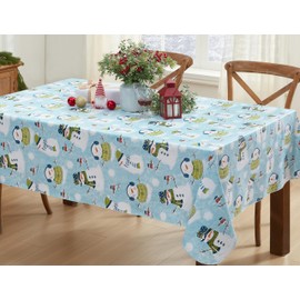 Newbridge Blue Snowy Snowman Print Flannel Back Vinyl Christmas Tablecloth - Cute Snowmen in Sweaters and Scarves Xmas Winter Holiday Wipe Clean Easy Care Tablecloth, 52” x 70” Oblong/Rectangle