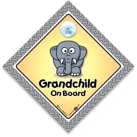 Grandchild Baby Elephant On Board Car Sign, Baby On Board Sign, Grandchild On Board, Designed to Let Other Road Users a Child is in The Car, 14 cm x 14cm x 2cm