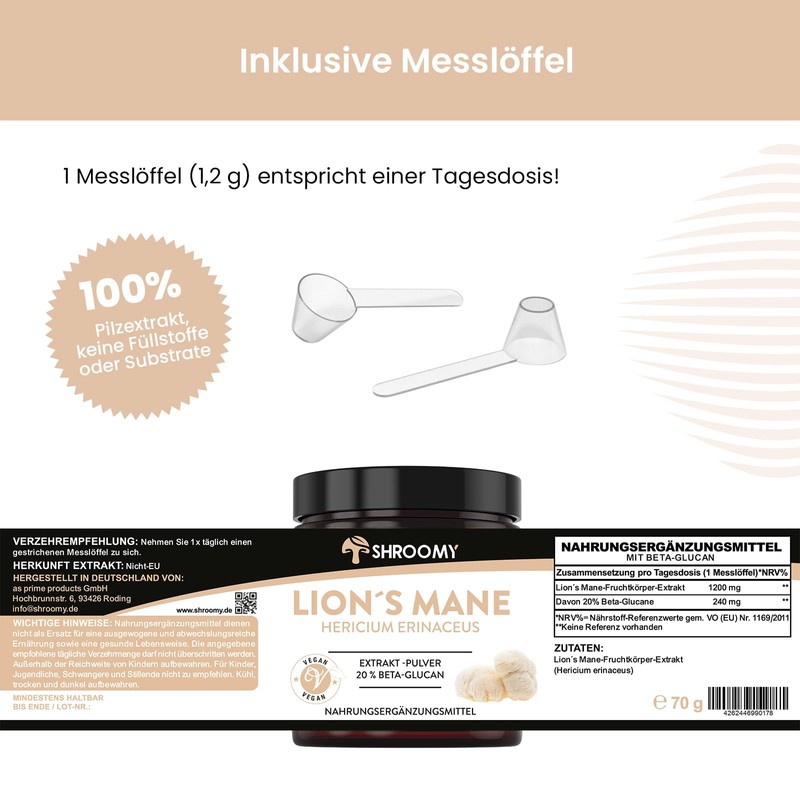 Lions Mane Extrakt-Pulver 70g - hochdosiert mit 40% Polysaccaride und