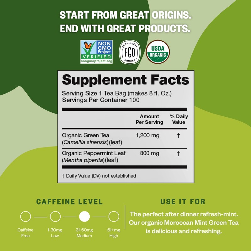 FGO Organic Moroccan Mint Green Tea, 100 Count, Eco-Conscious Tea