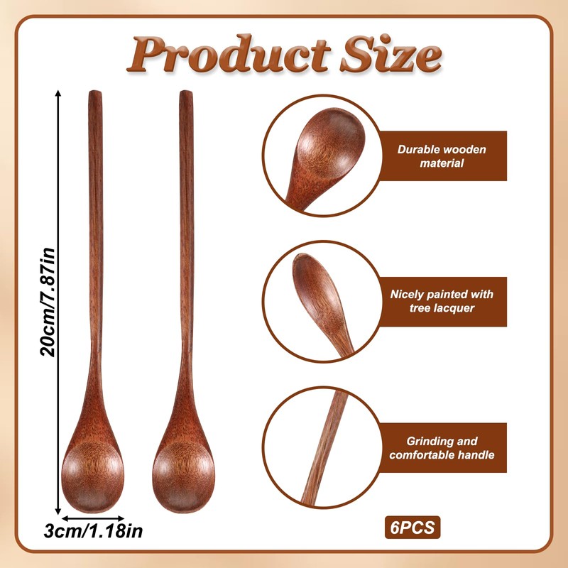 6 Pcs Wooden Teaspoon, 7.8 inch Wooden Coffee Spoons Long