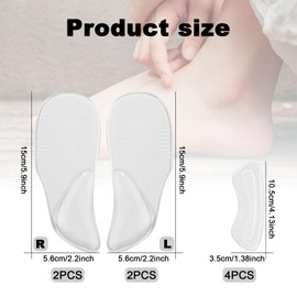 4 Stück Fußgewölbeunterstützung, Schuheinlagen zur Fußgewölbeunterstützung mit 4 Unsichtbaren Fersenkissen Transparente Gel Fußgewölbe Einlegesohlen für Männer und Frauen (Kleine Größe)