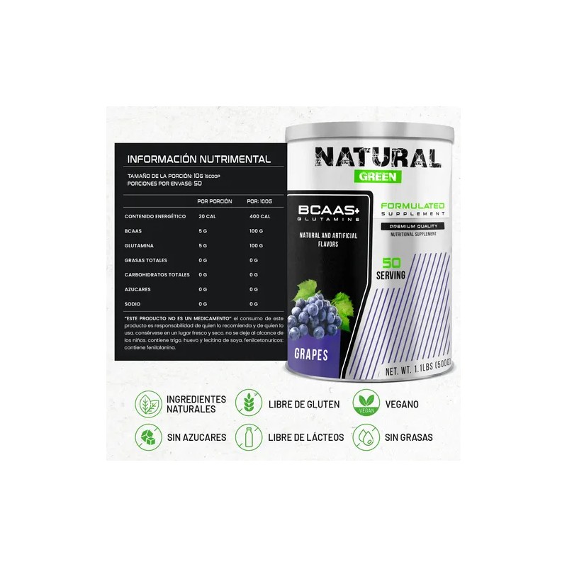 Aminoácidos Bcaas + Glutamina Green 500g 50 Servicios Sabor