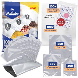 Wallaby 100ct Multi-Size Mylar Bags, 400cc Oxygen Absorbers, 10 Mil Thick, 1-Gal 10x14, 1-Qt 8x12, 1/2-Pt 6x8, Heat-Sealable, Airtight, Flat, Silver, for Long-Term Food Storage.