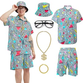 Conjunto de 2 piezas para hombre de 80 años 90, conjunto de camisas y pantalones cortos, traje temático para hombre de los 90, disfraz hawaiano para fiesta de discoteca, Verde, Small