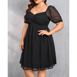 Talisea Plus Size Black Dress Swiss Dot Sweetheart Neckline Short Summer Sundress Cute Graduation Chiffon Babydoll Dresses