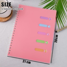 Koogel Ruled Notebook A4, Pink Spiral Notebook with Dividers Hardcover Notebook 5 Subject for School Note Taking Office 28x21cm