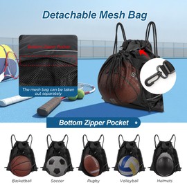 Cozary Football Bag with Removable Mesh Pocket, Sports Backpack Men Children with Drawstring Bag, Gym Bag, Black, Basketball Backpack Versatile Sports Bag with Drawstring for Gym Outdoor School, black