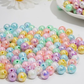 HERZONE Colourful Beads for Threading 10 mm Acrylic Beads with Hole Approx. 380 Pieces Round Colourful Beads for DIY Jewellery Making, Bracelets, Necklaces, Clothing, Crafts (A 10 mm)