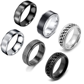 Set of 6 Stainless Steel Rings for Men and Women, Vintage Wide Black Rings, Engagement Friendship Ring, Rings with Chain, Men's Black Stainless Steel Silver Rotating Ring, stainless steel,