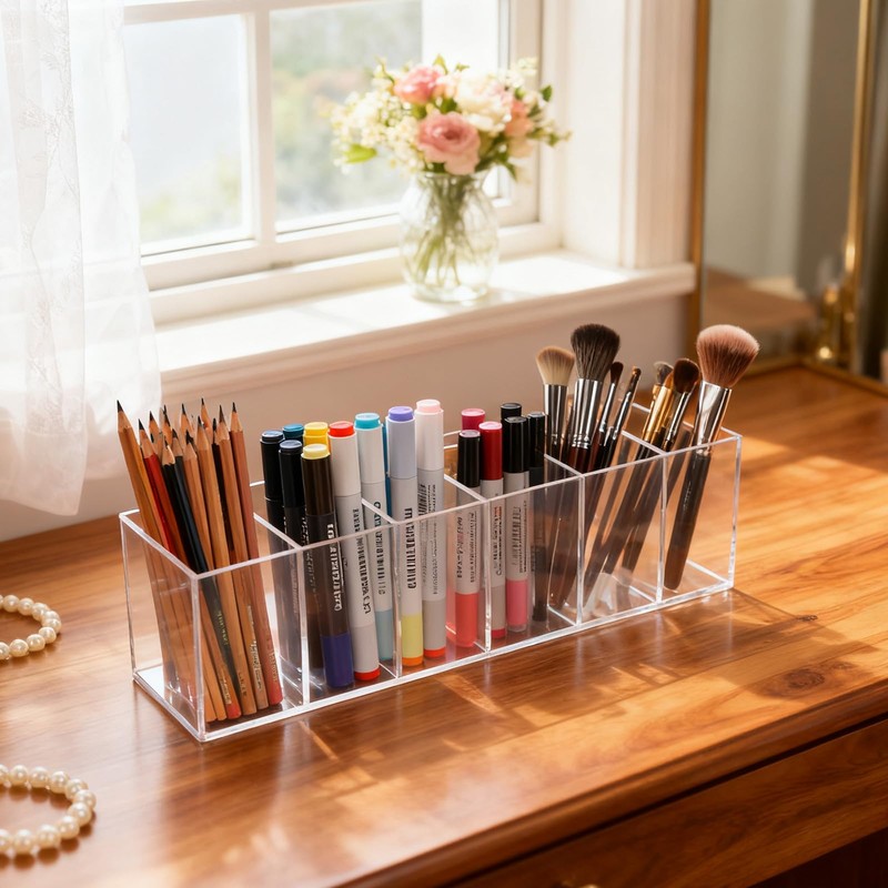 PEDOBALI 5 Pcs Clear Pencil Holder 6 Compartments Acrylic Cosmetic