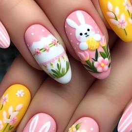 OHWODA Easter Press on Nails Almond Medium Fake Nails with Cute Bunny Flower Designs Spring Acrylic Glue on Nails Easter Day Manicure False Nails Cute Stick on Nails for Women Nail Art Decoration 24Pcs
