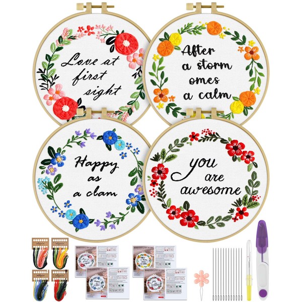 ERKOON 4 Sets Embroidery Kit, Flower Cross Stitch Set for
