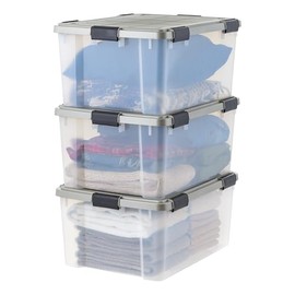 IRIS USA 60 Qt Storage Bins with Gasket Seal Lid, 3 Pack - BPA-Free, Heavy Duty Moving Containers Tight Latch, Weather Proof Tote, WEATHERPRO - Clear/Chrome