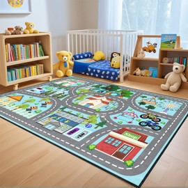 Car Rug Play Mat - Road Rug for Kids Boys Room, Fun Race Track Traffic Road Carpet for Boys Playmat Educational Learn, Car Carpet for Kids Room Decor Playmat Bedroom Playroom, 4.5x6 Feet