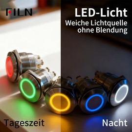 FILN Moment Push Button 19 mm IP67 Stainless Steel Waterproof 16 A 12-24 V AC/DC Screw Terminals with Green LED Industrial-Safe Button for Electrical Devices and Machine Control