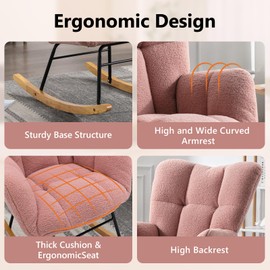 NIOIIKIT Nursery Rocking Chair Teddy Upholstered Glider Rocker Rocking Accent Chair Padded Seat with High Backrest Armchair Comfy Side Chair for Living Room Bedroom Offices (Pink Teddy)