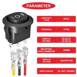 MKBKLLJY 10Pcs 3 Way Round Rocker Switch 12V Waterproof 3Pin 3Position ON/Off/ON 6A/250V AC 10A/125V DC SPDT 20mm Black Circle Toggle Switch with Terminal Wires for Auto Car Boat Household Appliance