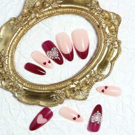 Red Heart French Tip Almond Medium Press on Nails Glossy Full Cover Artificial Rhinestone Fake Nails with Heart Designs Valentine's day Acrylic False Nails Glue ons Fingernails with Charm for Women