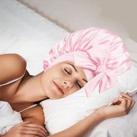 Kzouenzu Silk Hood for Sleeping, Adjustable Satin Sleep Cap, Hair Protection, Satin Silk for Women and Girls All Hair Types, pink