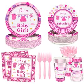 DYLIVeS Pink Baby Shower Decorations, It's a Baby Girl Paper Plates and Napkins Cups Forks Disposable Tableware for Gender Reveal Party Supplies, Sweet Baby Girl Shower Birthday Party Favors, Serve 24