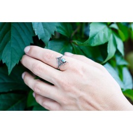 Windalf Vintage Friendship Ring Alicia 20mm Antique Silver Ring with Turquoise Lucky Ring Gothic Jewelry Bohemian Design 925 Sterling Silver, Fabric jewellery bag, Turquoise