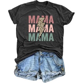 VVNTY Mama Shirts for Women: Retro Mom Leopard Graphic Tee Lightning Mama T-Shirt Casual Mommy Tops