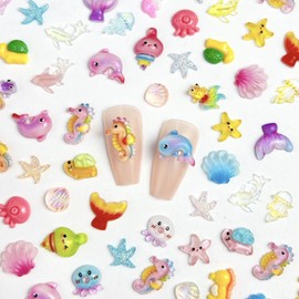 60PCS Summer Ocean Nail Charms Cute 3D Seashell Starfish Seahorse Octopus Nail Art Charms Kawaii Marine Life Design Resin Nail Gems Colorful Nail Accessories for Women DIY Nail Art Decoration