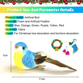 RMENOOR 12 Pcs Artificial Birds Christmas Tree Birds Colourful Bird Clip Artificial Foam Feather Birds Realistic Decorative Birds Christmas Ornaments for Christmas Tree Ornament Home Party Decors