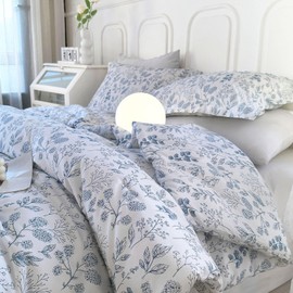 EAVD Blue Floral Comforter Set Full White Soft Microfiber 3-Piece Boho Floral Bedding Set for Women with 2 Pillowcases Vintage Garden Botanical Bedding Full Size Comforter Set for All-Season