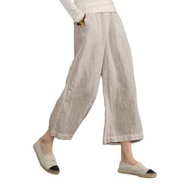 ECUPPER Womens Linen Cropped Pants Loose Casual Capri Cotton Wide Leg Plus Size Elastic Waist with Drawstring Trouses Natural XL