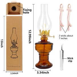 Kerosene Oil Lamp,1 Vintage Kerosene Lamp,1 Tweezers and 2 Wicks,Glass Hurricane Lantern for Indoor Lighting Decoration Outdoor Camping Use (Brown)