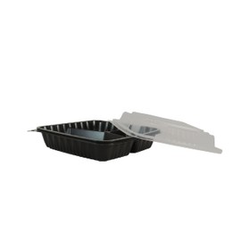 ecopax 75 Sets PP Pebble Box Serving Tray and Vented Lid, Food Container (9x9 3 Compartment) Lunch Box, Food Container, Black