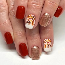 Vopintpy Glitter Thanksgiving Press on Nails Short Square Fall Maple Leaf Fake Nails Red Autumn Acrylic Glue on Nail Glossy Maple Leaves Stick on Nail for Women DIY Manicure