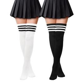 Kiiwah 2 Paar Kniestrümpfe Damen Klassisch und Stilvoll Overknees Strümpfe Weich Thigh High Socks Overknee Socken Lange Gestreifte Socken Damen für den Alltag Sport Cosplay