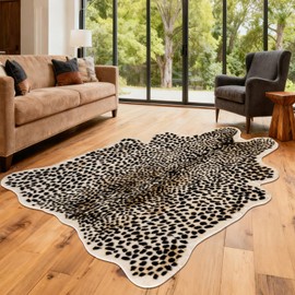 Cheetah Rug - Leopard Print Rug 5.2x7 ft Faux Cowhide Cheetah Animal Shape Area Rug for Western Boho Room Decor, Machine Washable Accent Carpet for Living Room, Bedroom
